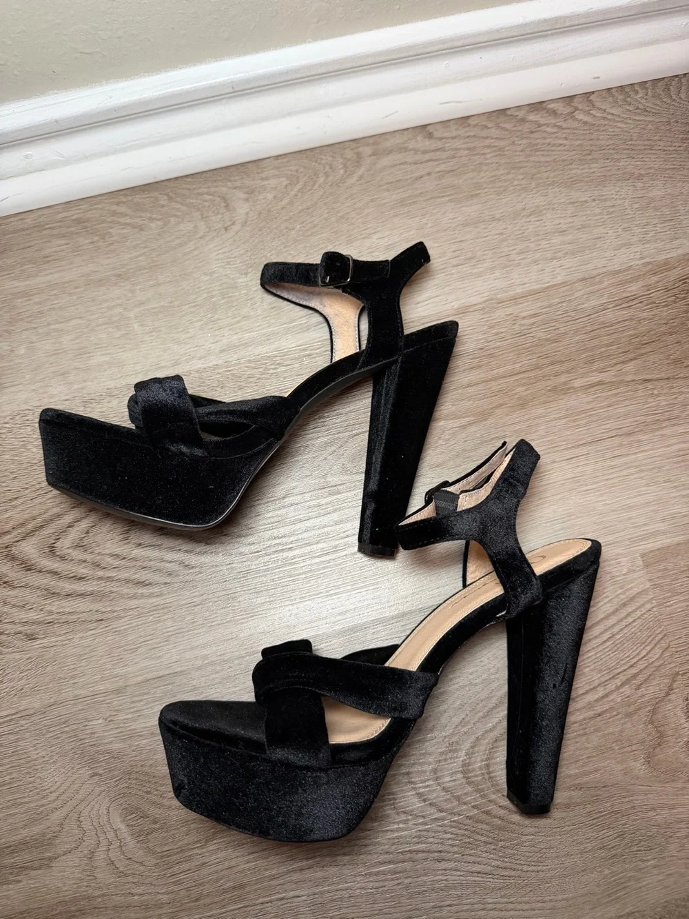 Black Velvet Platform Sandals with Ankle Strap
